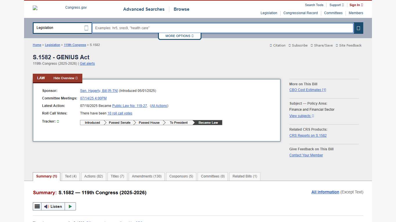 S.1582 - 119th Congress (2025-2026): GENIUS Act Congress.gov Library of Congress